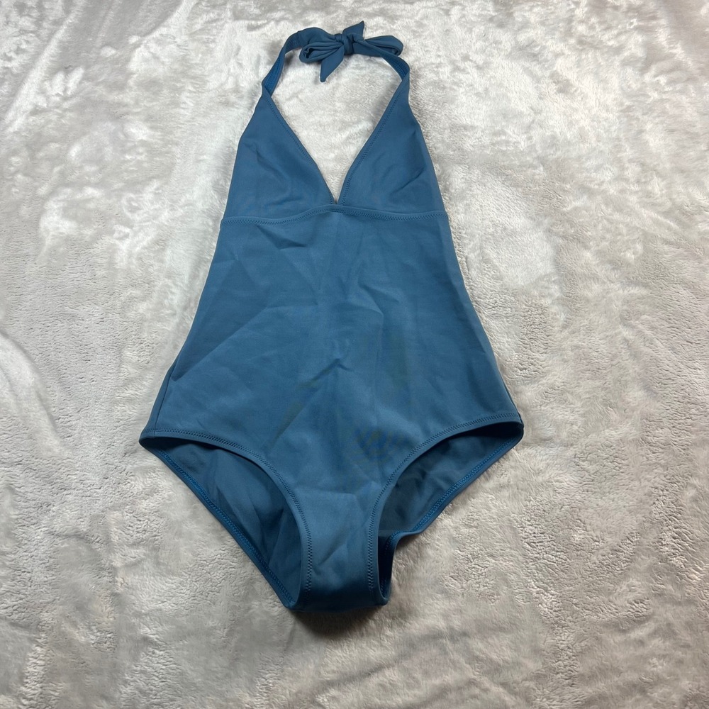 Vilebrequin Women's Size 6 One Piece Swimsuit Teal Blue Halter Neck Logo Plaque